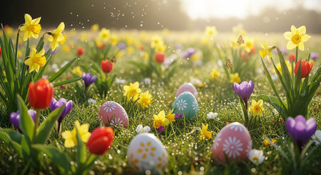 Easter eggs and spring flowers in the meadow. Easter backgroundの素材