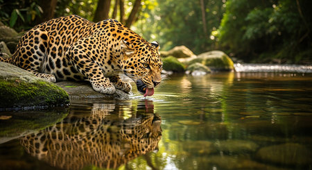 Leopard lying on rock and drinking water in tropical forest, Thailandの素材