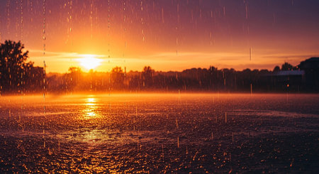 Rain drops on a frozen lake at sunset. Beautiful natural background.の素材