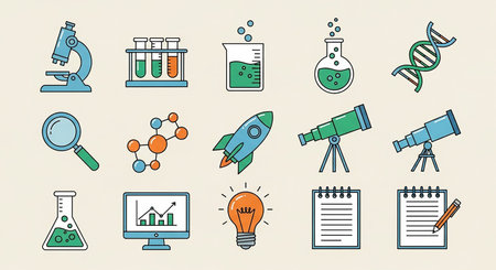 Science and education icons set. Vector illustration in flat line style.の素材