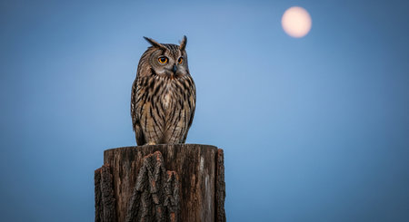 Long-eared owl (Bubo bubo) sitting on a stump with moon in the backgroundの素材