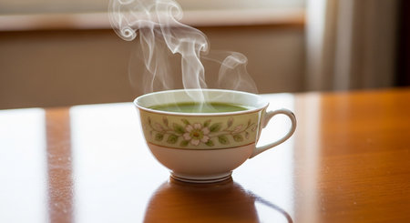 hot matcha tea in a cup on a wooden table with steamの素材