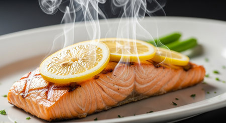 Salmon Steak with Lemon and Herb on a White Plate.の素材