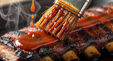 Pouring barbecue sauce on pork ribs with brush, closeup viewの素材