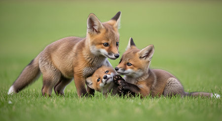 Red fox (Vulpes vulpes) with puppies on grassの素材
