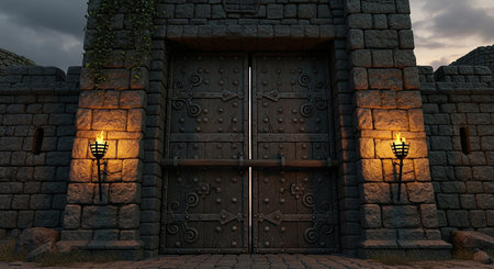 3D render of a medieval castle door with lighted lanternsの素材