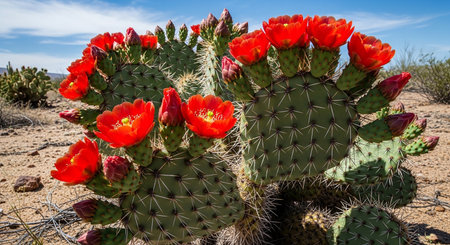 Opuntia cactus with red flowers in the desert of Arizonaの素材
