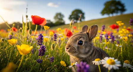 Cute little rabbit on a meadow with flowers at sunset.の素材