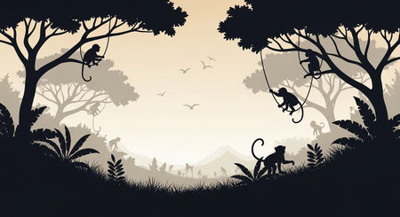Silhouette of monkeys in the jungle. Vector illustration for your designの素材