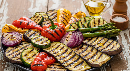 Grilled vegetables on a plate on a wooden background. Vegetarian food.の素材