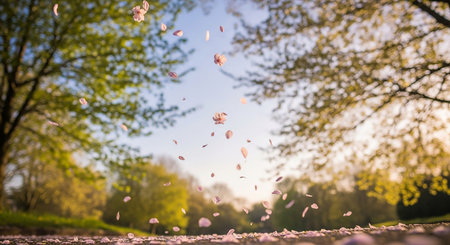 Sakura petals fly in the air against the background of the setting sunの素材