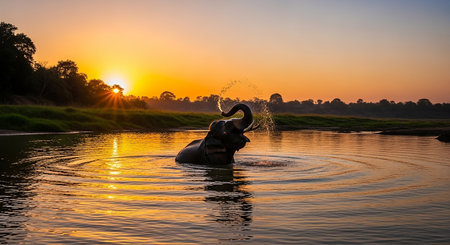 Silhouette of a hippopotamus bathing in the river at sunsetの素材