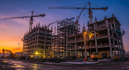 Construction of a multi-storey building with cranes and scaffolding at sunsetの素材