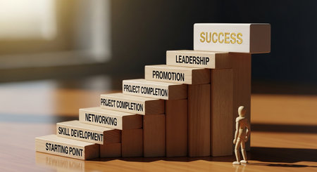 Wooden man figure and wooden blocks with SUCCESS MANAGEMENT concept.の素材