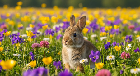 Cute little rabbit in a meadow full of spring flowers.の素材