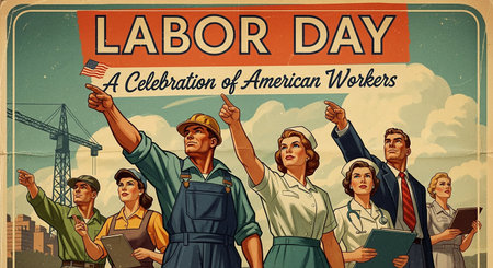 Labor day poster with workers. Vector illustration of workers celebrating labor day.の素材