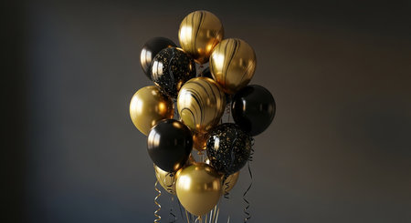 Bunch of gold and black balloons with ribbons. 3d renderの素材