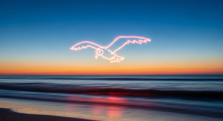 Seagull flying over the sea at sunset. Long exposure.の素材