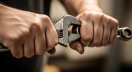 Close up of a man's hands holding a spanner in a workshopの素材