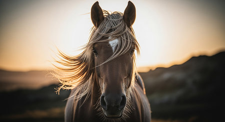 Beautiful Icelandic horse portrait at sunset in summer, close-upの素材