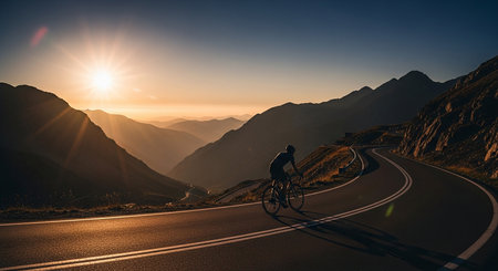 Cyclist riding on the road in the mountains at sunset.の素材