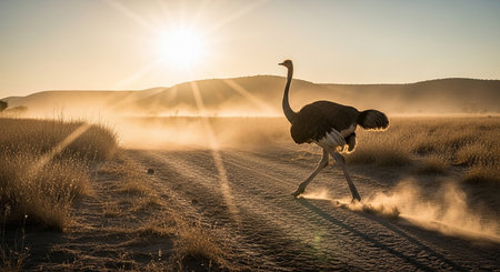 Ostrich walking on dirt road at sunrise in Namibia.の素材