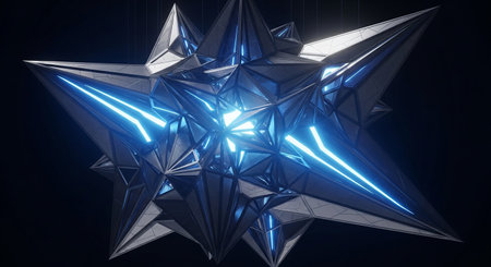 3d rendering of abstract geometric shape in blue light on black backgroundの素材