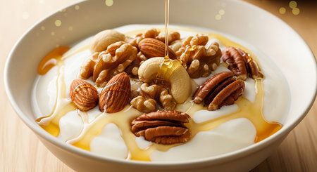 Pecan nuts and honey in a bowl on wooden background.の素材