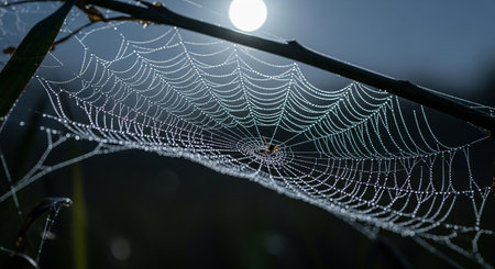 Spider web with dew drops on the background of the setting sunの素材