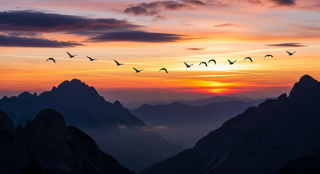Mountain landscape with a flock of birds flying above the clouds at sunsetの素材