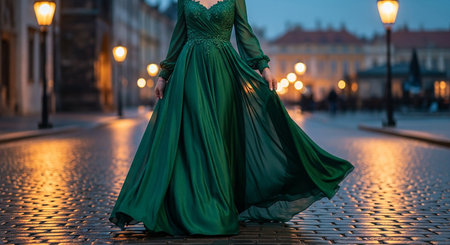 Beautiful woman in long green dress on the street of Prague.の素材