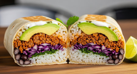 Mexican burrito with meat, avocado and vegetables on wooden tableの素材
