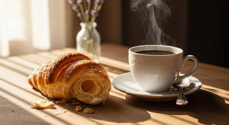 Cup of coffee and croissant on wooden table in sunlightの素材