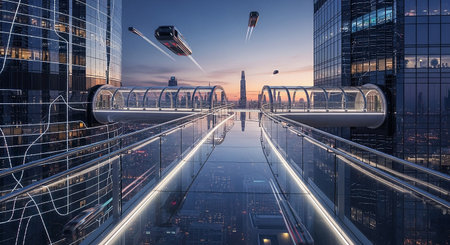 Modern urban landscape with high-rise buildings and tram tracks at sunsetの素材