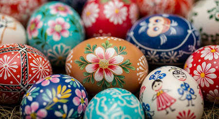 Painted easter eggs on a wooden table, close-upの素材