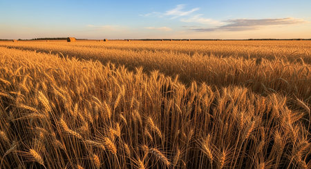 Sunset over a wheat field with a haystack in the backgroundの素材