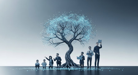 Conceptual image of big tree with people around. Mixed mediaの素材