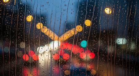 rain drops on glass with city light bokeh background, rainy seasonの素材