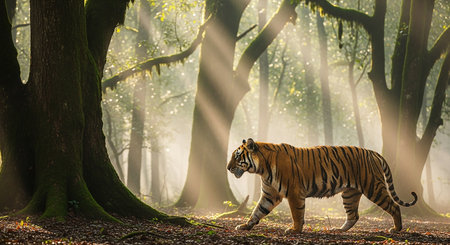 Tiger walking in the forest with fog and sunbeam. 3d renderingの素材