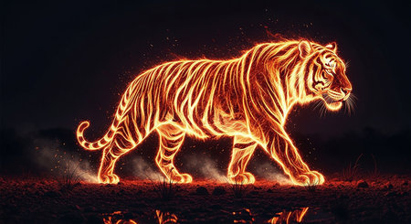 Tiger in fire, glowing in the dark. 3D renderingの素材