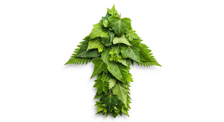 Conceptual image of green leaves in the shape of an arrowの素材