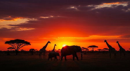 Sunset in the savannah of Africa with giraffes and elephantsの素材