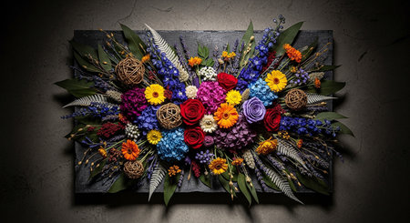 Bouquet of colorful flowers as a gift on a dark backgroundの素材