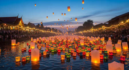Unidentified people floating lanterns during Loy Krathong festival in Chiang Mai, Thailand.の素材