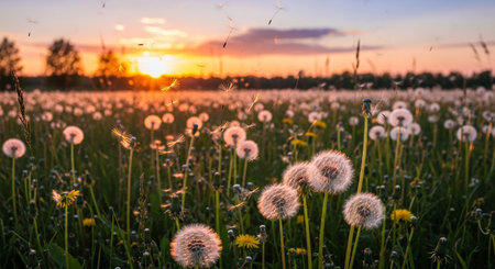 Beautiful dandelion flowers on a meadow at sunset.の素材