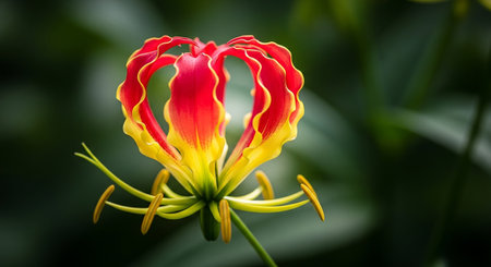 Close up of a red and yellow flower with green leaves background.の素材