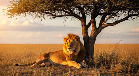 Lion lying under a tree in Serengeti National Park, Tanzaniaの素材