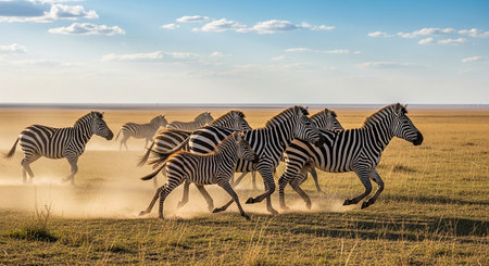 Herd of zebras running through dust in Masai Mara, Kenyaの素材