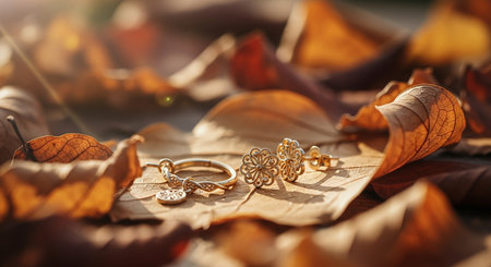 Wedding rings on the background of autumn leaves. Wedding concept.の素材
