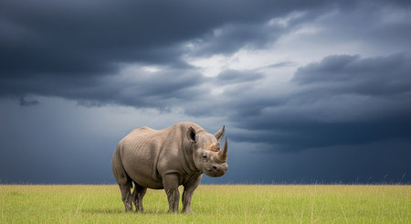 White rhinoceros standing in the grassland with stormy skyの素材